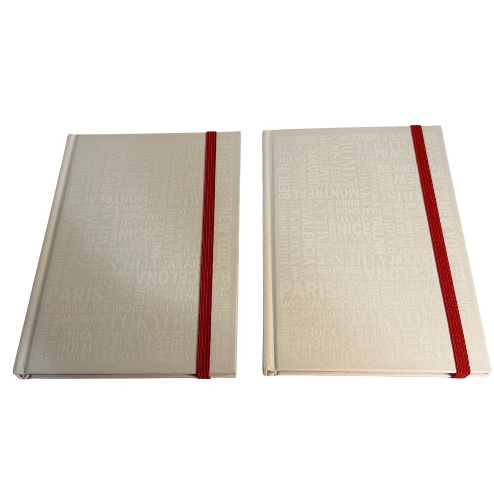 Set of 2 White Travel Daily  Journals Embossed City Word Notebooks Red Band 9"
